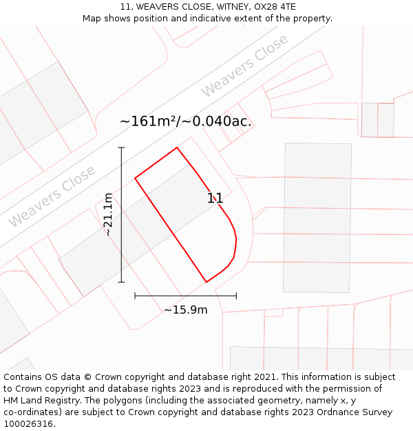 11, WEAVERS CLOSE, WITNEY, OX28 4TE: Plot and title map