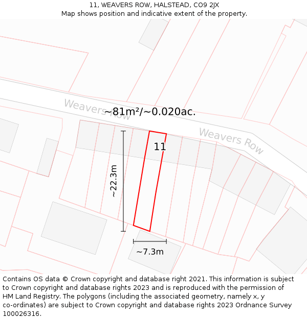 11, WEAVERS ROW, HALSTEAD, CO9 2JX: Plot and title map