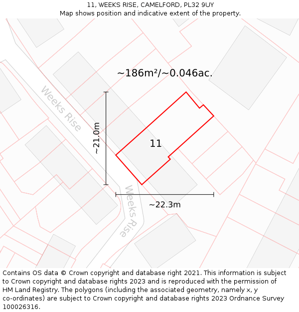 11, WEEKS RISE, CAMELFORD, PL32 9UY: Plot and title map