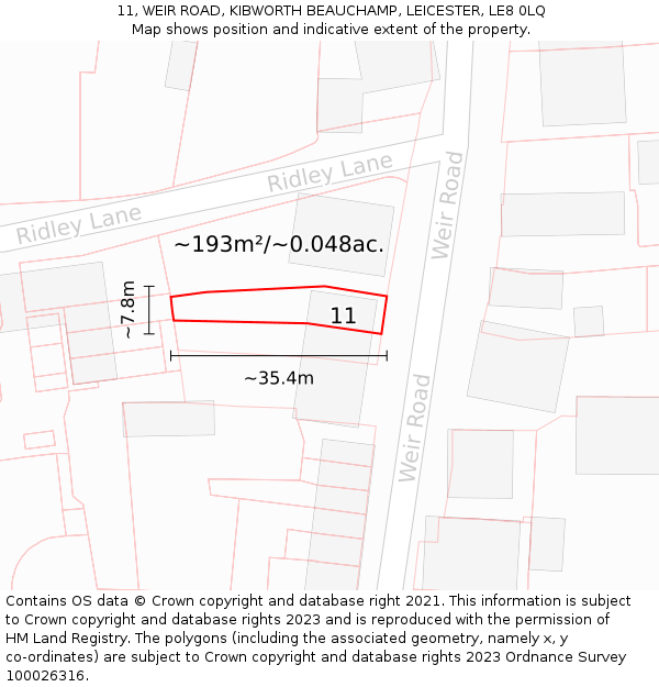 11, WEIR ROAD, KIBWORTH BEAUCHAMP, LEICESTER, LE8 0LQ: Plot and title map