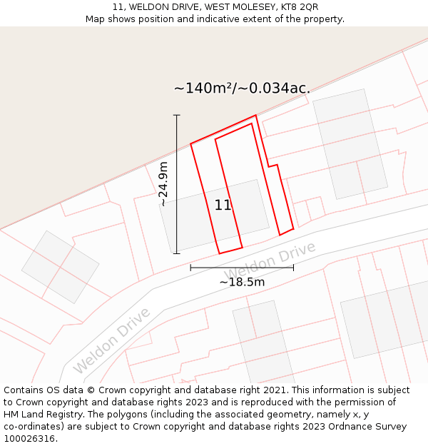 11, WELDON DRIVE, WEST MOLESEY, KT8 2QR: Plot and title map