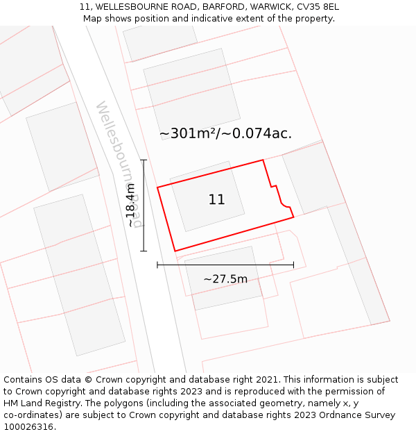 11, WELLESBOURNE ROAD, BARFORD, WARWICK, CV35 8EL: Plot and title map
