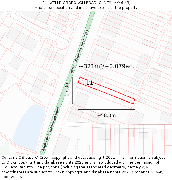 11, WELLINGBOROUGH ROAD, OLNEY, MK46 4BJ: Plot and title map