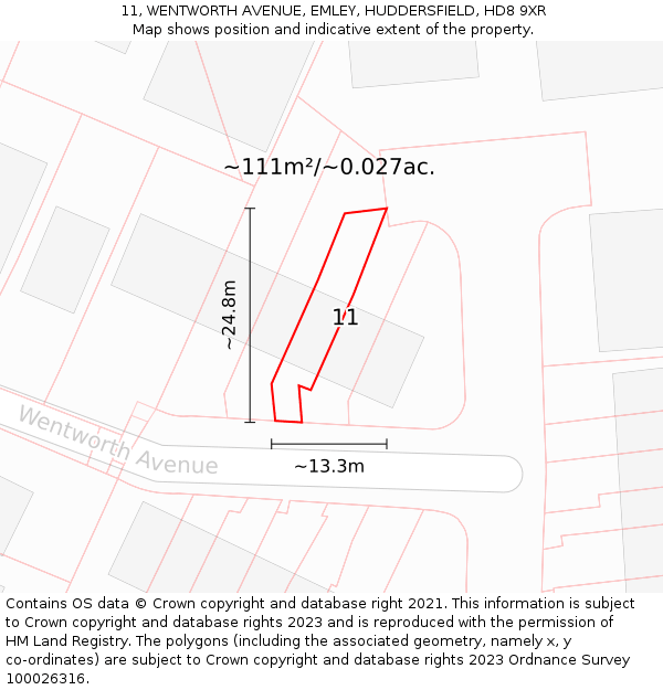 11, WENTWORTH AVENUE, EMLEY, HUDDERSFIELD, HD8 9XR: Plot and title map