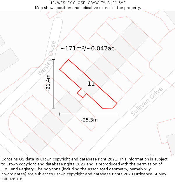 11, WESLEY CLOSE, CRAWLEY, RH11 6AE: Plot and title map