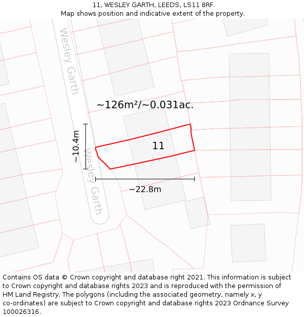 11, WESLEY GARTH, LEEDS, LS11 8RF: Plot and title map