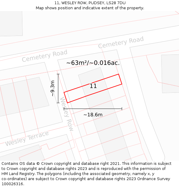 11, WESLEY ROW, PUDSEY, LS28 7DU: Plot and title map