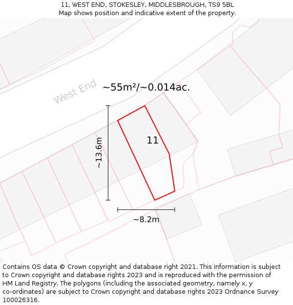 11, WEST END, STOKESLEY, MIDDLESBROUGH, TS9 5BL: Plot and title map