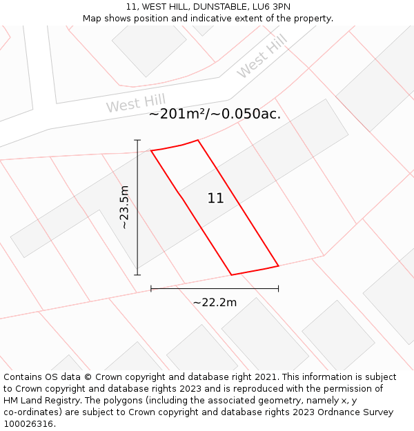 11, WEST HILL, DUNSTABLE, LU6 3PN: Plot and title map