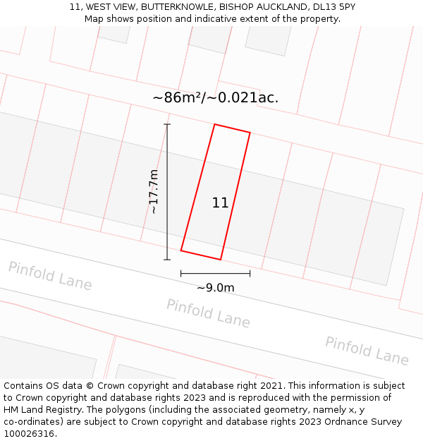 11, WEST VIEW, BUTTERKNOWLE, BISHOP AUCKLAND, DL13 5PY: Plot and title map