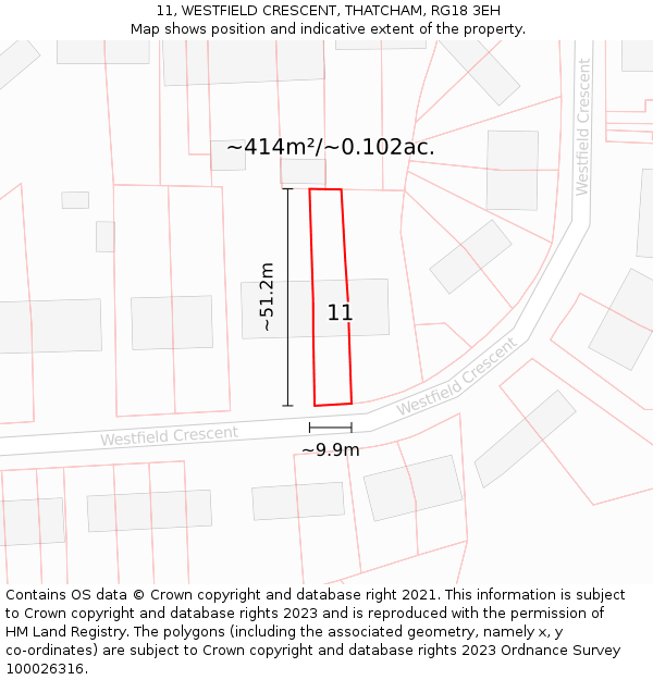 11, WESTFIELD CRESCENT, THATCHAM, RG18 3EH: Plot and title map