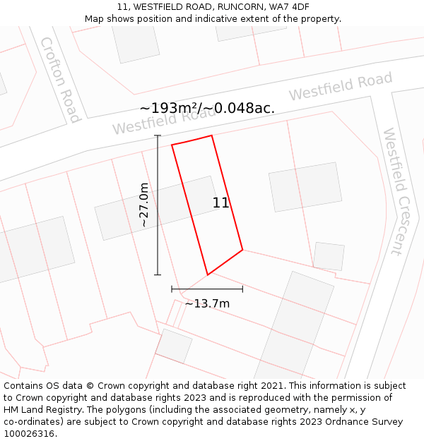 11, WESTFIELD ROAD, RUNCORN, WA7 4DF: Plot and title map