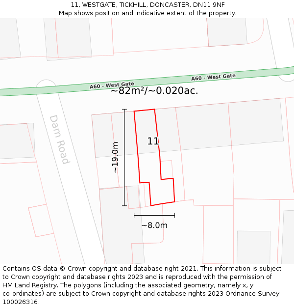 11, WESTGATE, TICKHILL, DONCASTER, DN11 9NF: Plot and title map