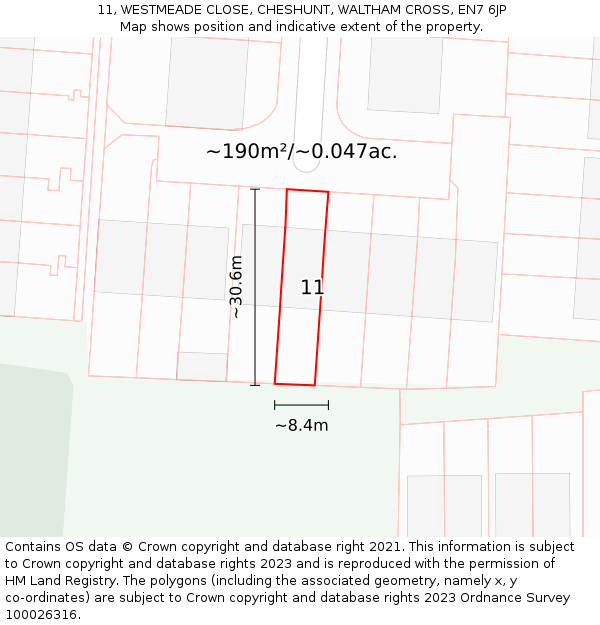 11, WESTMEADE CLOSE, CHESHUNT, WALTHAM CROSS, EN7 6JP: Plot and title map