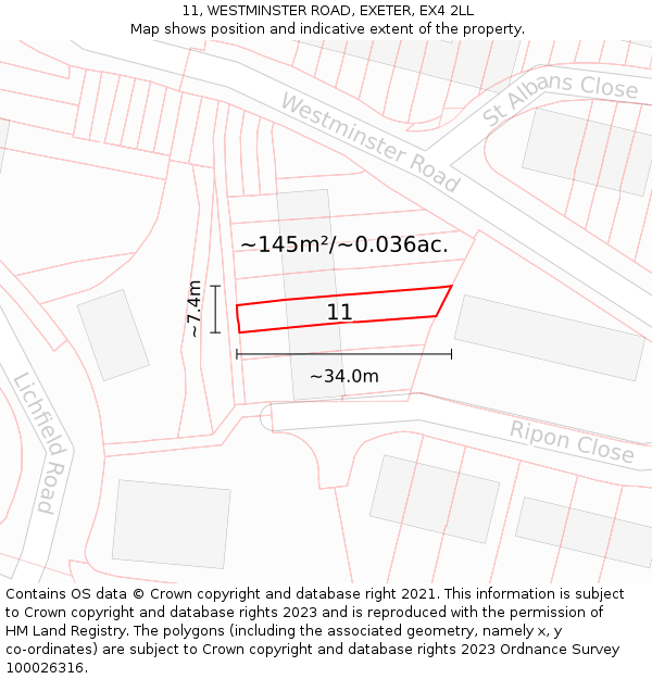 11, WESTMINSTER ROAD, EXETER, EX4 2LL: Plot and title map