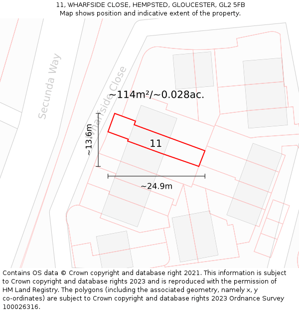 11, WHARFSIDE CLOSE, HEMPSTED, GLOUCESTER, GL2 5FB: Plot and title map