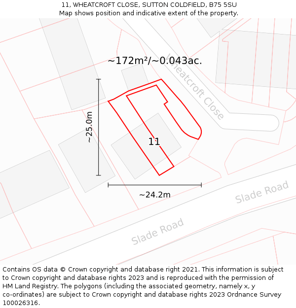 11, WHEATCROFT CLOSE, SUTTON COLDFIELD, B75 5SU: Plot and title map