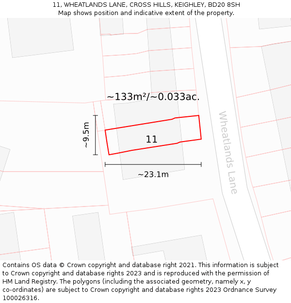 11, WHEATLANDS LANE, CROSS HILLS, KEIGHLEY, BD20 8SH: Plot and title map