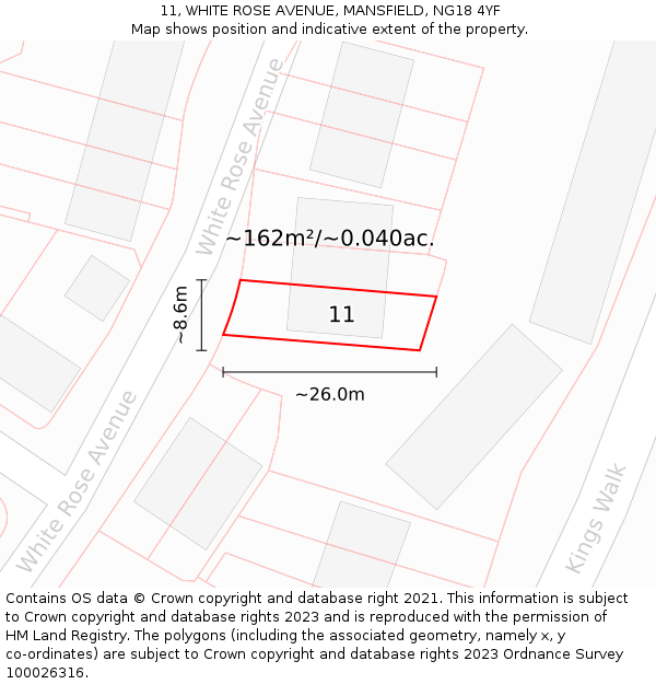 11, WHITE ROSE AVENUE, MANSFIELD, NG18 4YF: Plot and title map