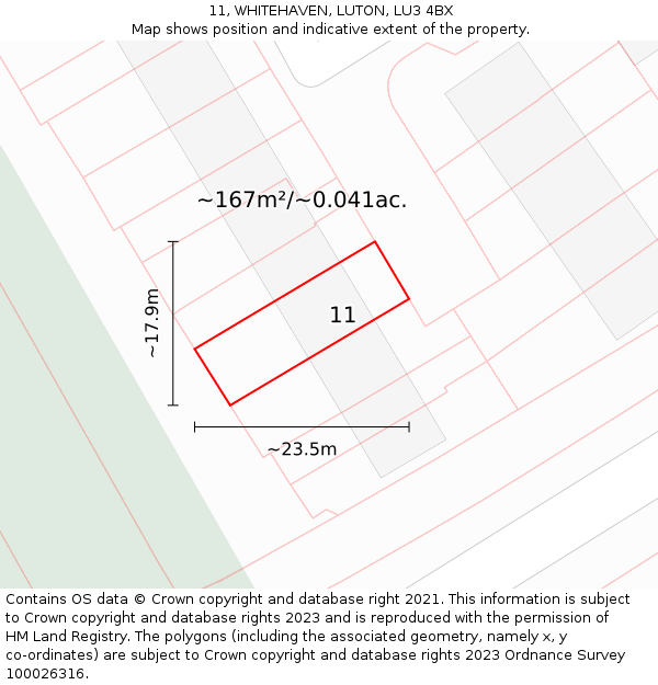 11, WHITEHAVEN, LUTON, LU3 4BX: Plot and title map