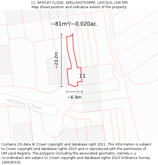11, WHITLEY CLOSE, SKELLINGTHORPE, LINCOLN, LN6 5RY: Plot and title map