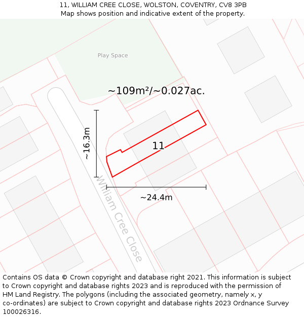 11, WILLIAM CREE CLOSE, WOLSTON, COVENTRY, CV8 3PB: Plot and title map
