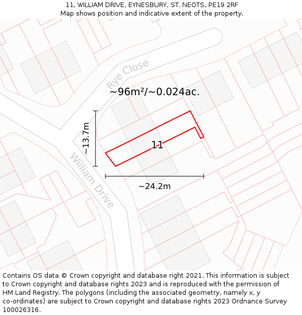 11, WILLIAM DRIVE, EYNESBURY, ST. NEOTS, PE19 2RF: Plot and title map