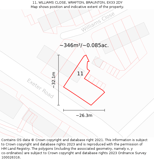 11, WILLIAMS CLOSE, WRAFTON, BRAUNTON, EX33 2DY: Plot and title map