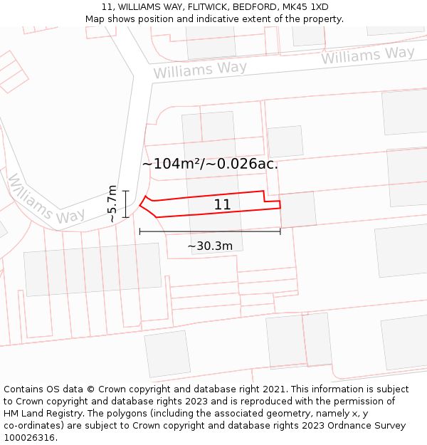 11, WILLIAMS WAY, FLITWICK, BEDFORD, MK45 1XD: Plot and title map