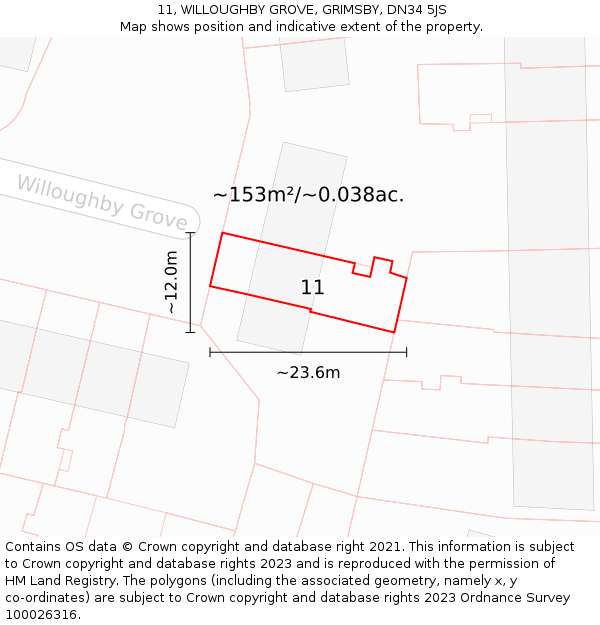 11, WILLOUGHBY GROVE, GRIMSBY, DN34 5JS: Plot and title map