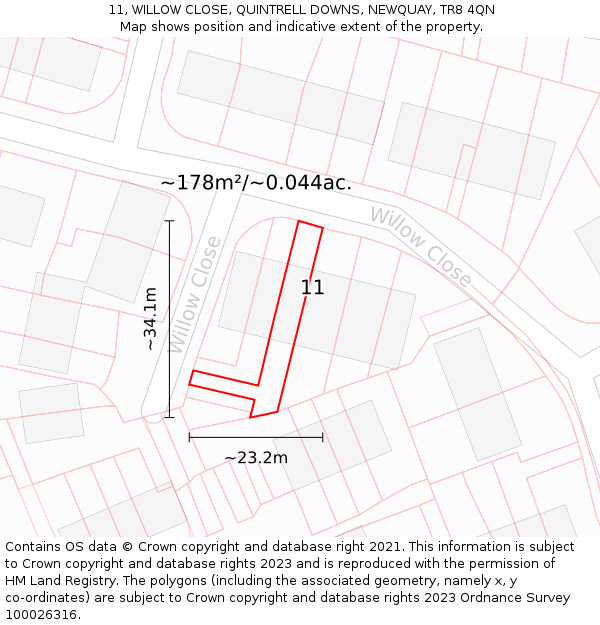 11, WILLOW CLOSE, QUINTRELL DOWNS, NEWQUAY, TR8 4QN: Plot and title map