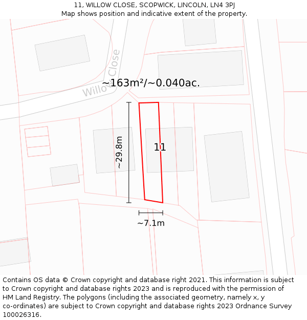11, WILLOW CLOSE, SCOPWICK, LINCOLN, LN4 3PJ: Plot and title map