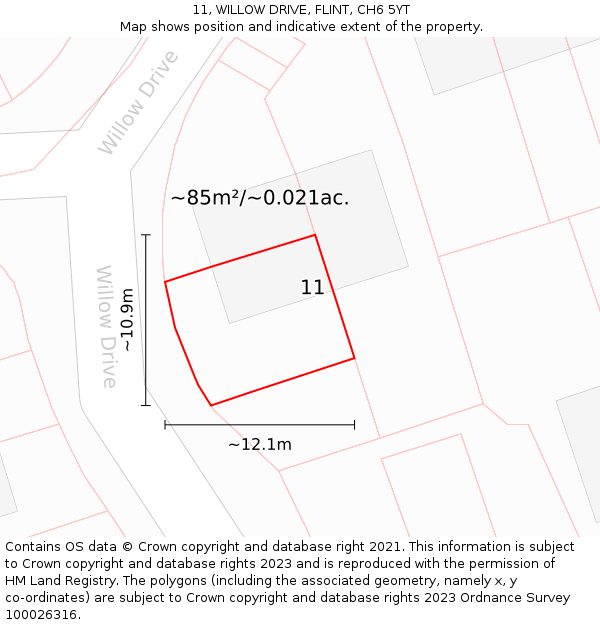 11, WILLOW DRIVE, FLINT, CH6 5YT: Plot and title map