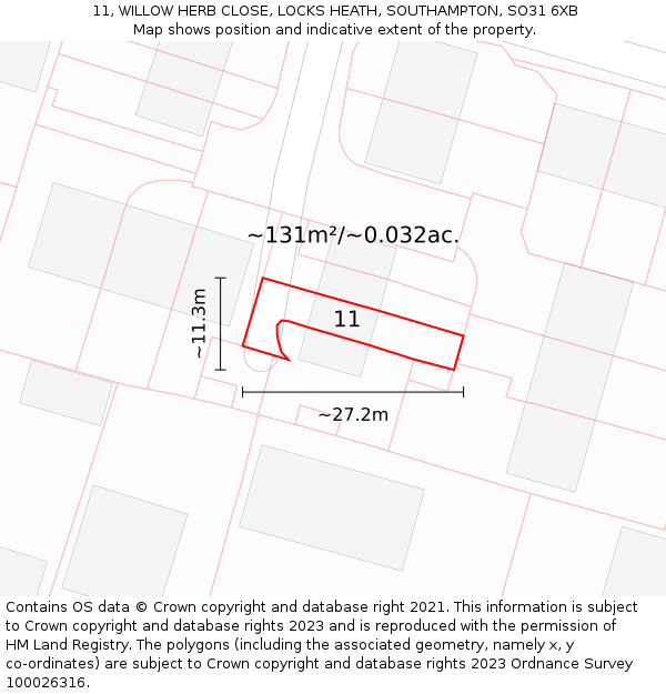 11, WILLOW HERB CLOSE, LOCKS HEATH, SOUTHAMPTON, SO31 6XB: Plot and title map