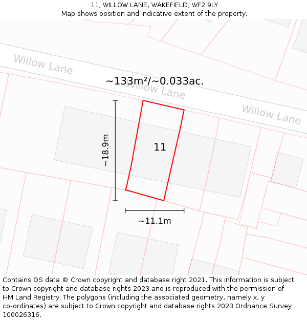 11, WILLOW LANE, WAKEFIELD, WF2 9LY: Plot and title map