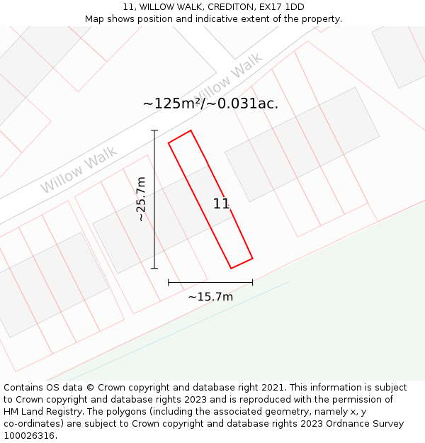 11, WILLOW WALK, CREDITON, EX17 1DD: Plot and title map