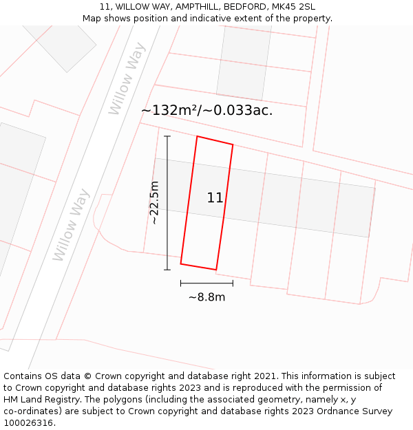 11, WILLOW WAY, AMPTHILL, BEDFORD, MK45 2SL: Plot and title map
