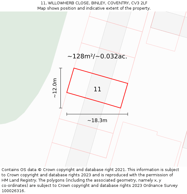 11, WILLOWHERB CLOSE, BINLEY, COVENTRY, CV3 2LF: Plot and title map