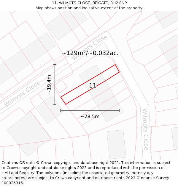 11, WILMOTS CLOSE, REIGATE, RH2 0NP: Plot and title map
