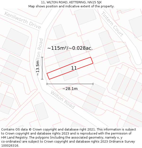 11, WILTON ROAD, KETTERING, NN15 5JX: Plot and title map