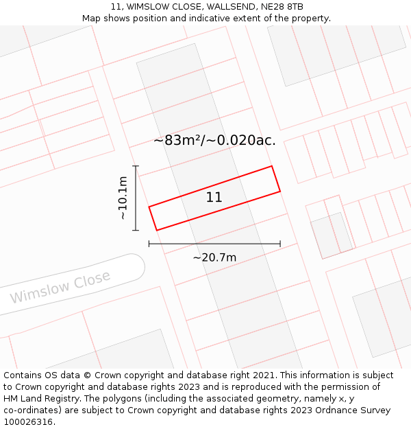 11, WIMSLOW CLOSE, WALLSEND, NE28 8TB: Plot and title map