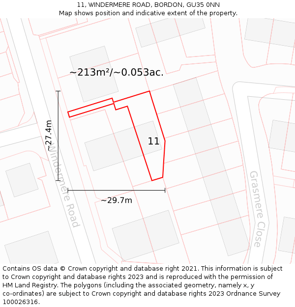 11, WINDERMERE ROAD, BORDON, GU35 0NN: Plot and title map