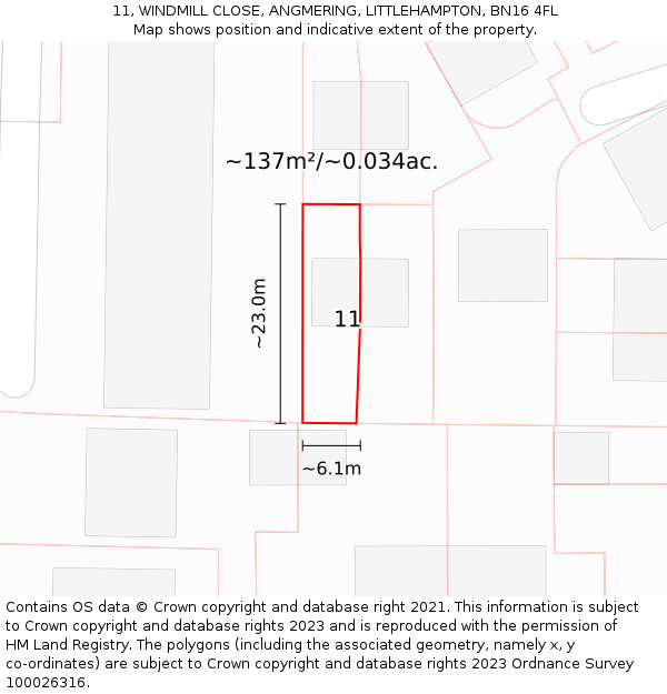 11, WINDMILL CLOSE, ANGMERING, LITTLEHAMPTON, BN16 4FL: Plot and title map