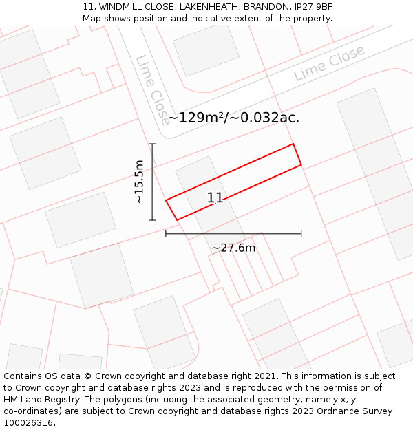 11, WINDMILL CLOSE, LAKENHEATH, BRANDON, IP27 9BF: Plot and title map