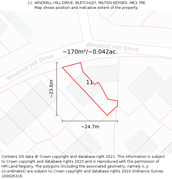 11, WINDMILL HILL DRIVE, BLETCHLEY, MILTON KEYNES, MK3 7RE: Plot and title map