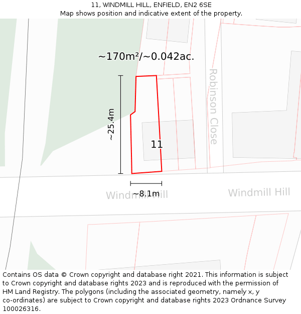 11, WINDMILL HILL, ENFIELD, EN2 6SE: Plot and title map