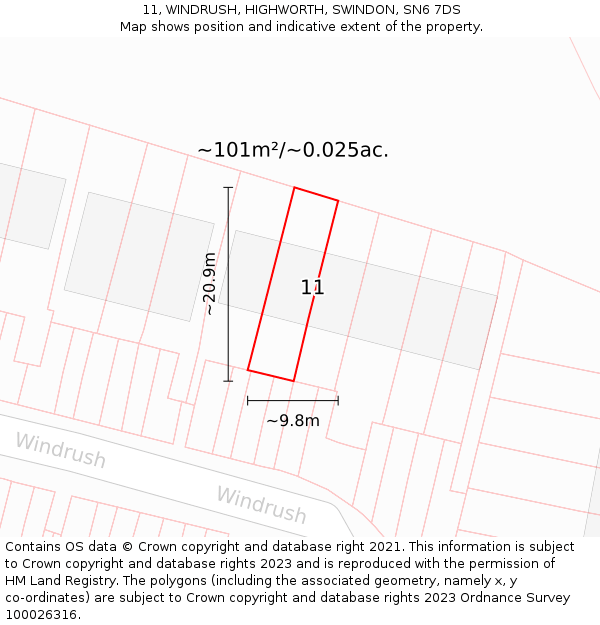 11, WINDRUSH, HIGHWORTH, SWINDON, SN6 7DS: Plot and title map