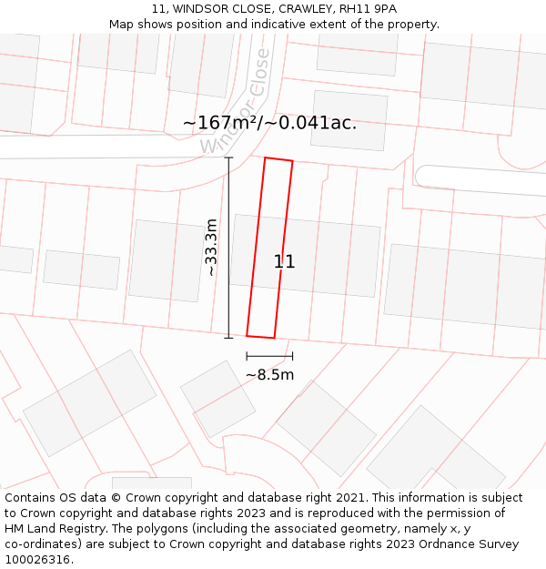 11, WINDSOR CLOSE, CRAWLEY, RH11 9PA: Plot and title map
