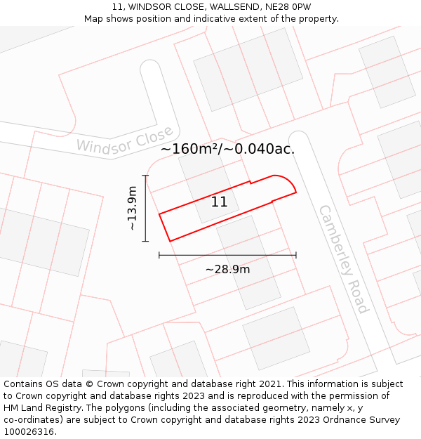 11, WINDSOR CLOSE, WALLSEND, NE28 0PW: Plot and title map