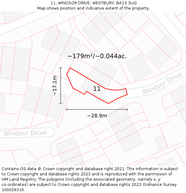11, WINDSOR DRIVE, WESTBURY, BA13 3UG: Plot and title map